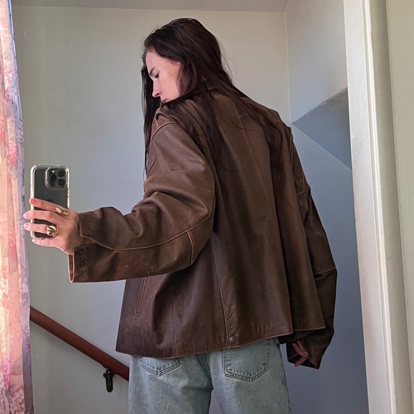 Vintage Leather Bomber Jacket Brown Faded Distressed Oversized Boxy Zip Coat - Picture 6 of 10
